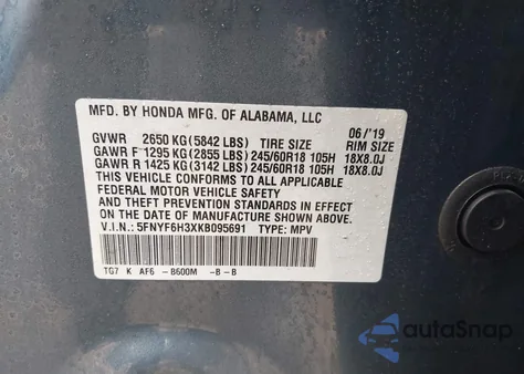 2019 Honda Pilot Ex from USA, damaged, VIN 5FNYF6H3XKB095691